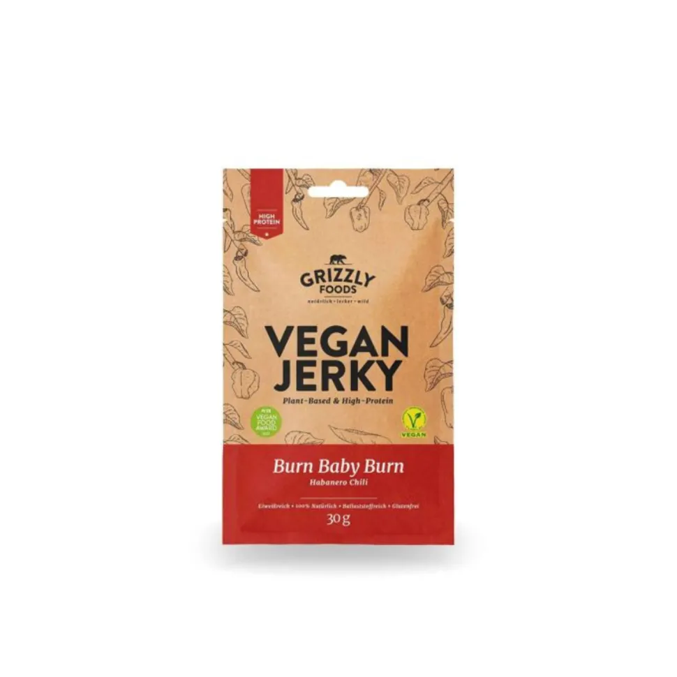 Vegaaninen Jerky, Burn baby burn, Grizzly Foods, 30 g PÄIVÄYSALE
